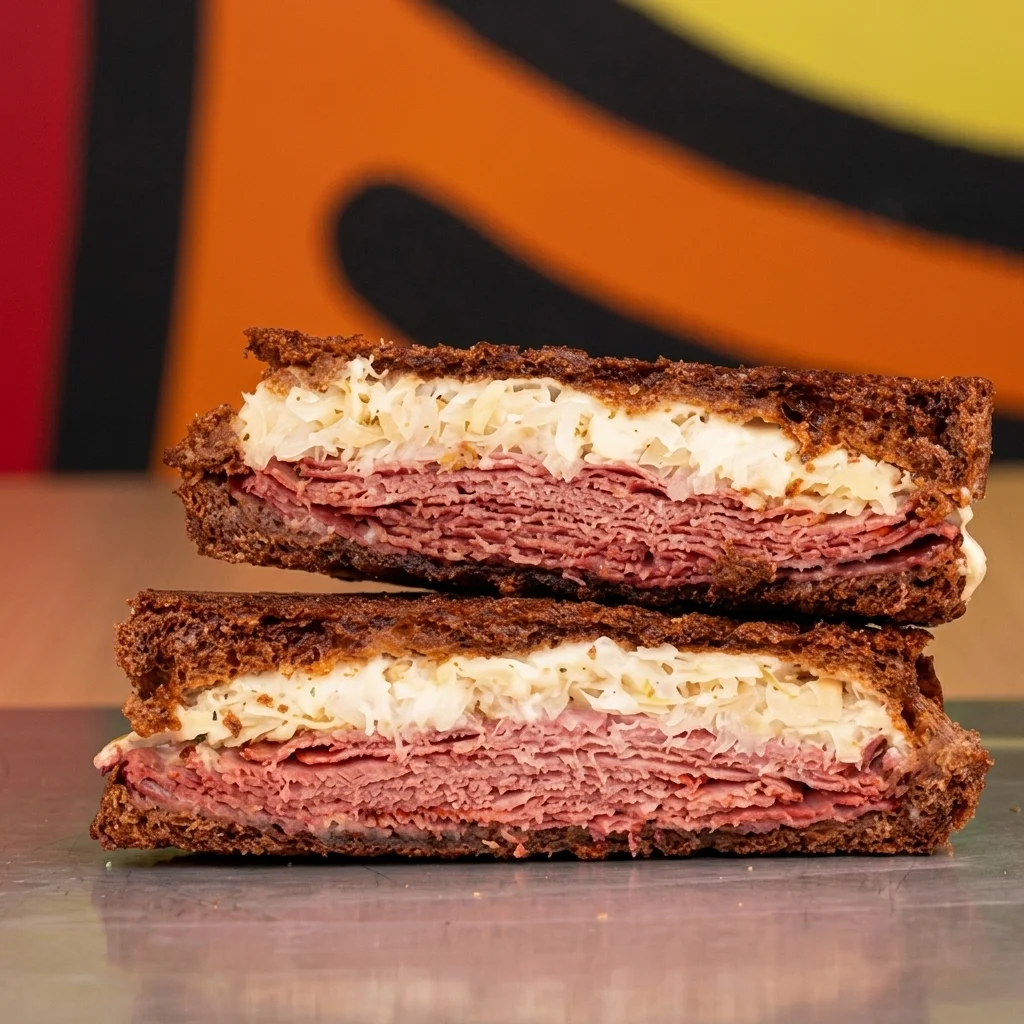 Classic Reuben sandwich with corned beef, sauerkraut and Swiss on rye at Crafted Crust, Winnipeg